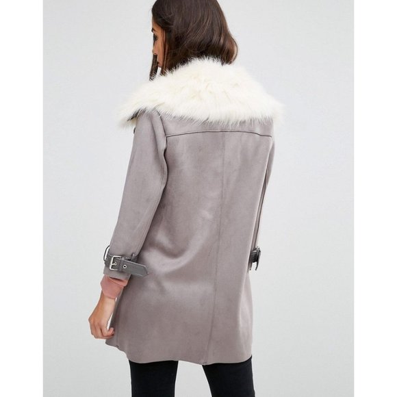 River Island Womens Suedette Coat Faux Fur Collar Double Breasted Gray Size 10 - Picture 3 of 11